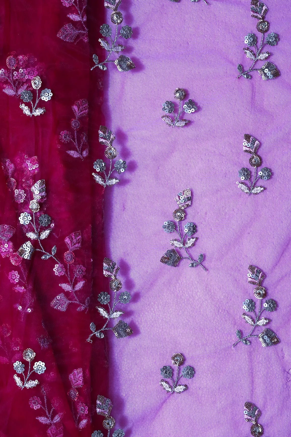 Copper And Gold Sequins Floral Embroidery On Fuchsia Soft Net Fabric - doeraa