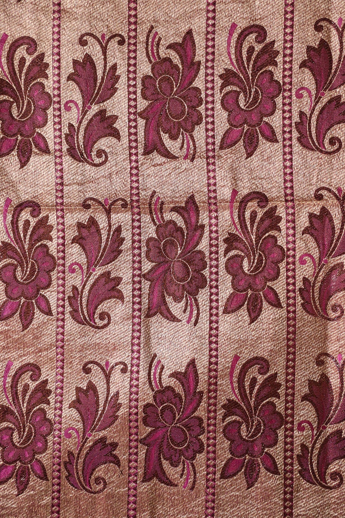 Copper Gold And Fuchsia Floral Banarasi Zari Jacquard Fabric - doeraa