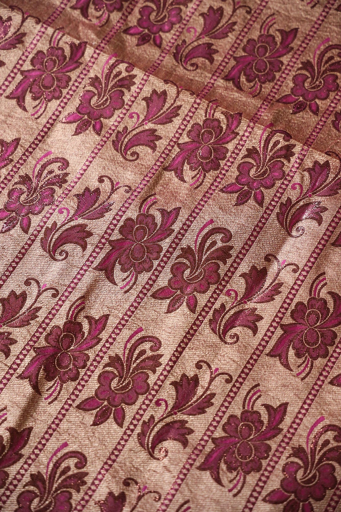 Copper Gold And Fuchsia Floral Banarasi Zari Jacquard Fabric - doeraa