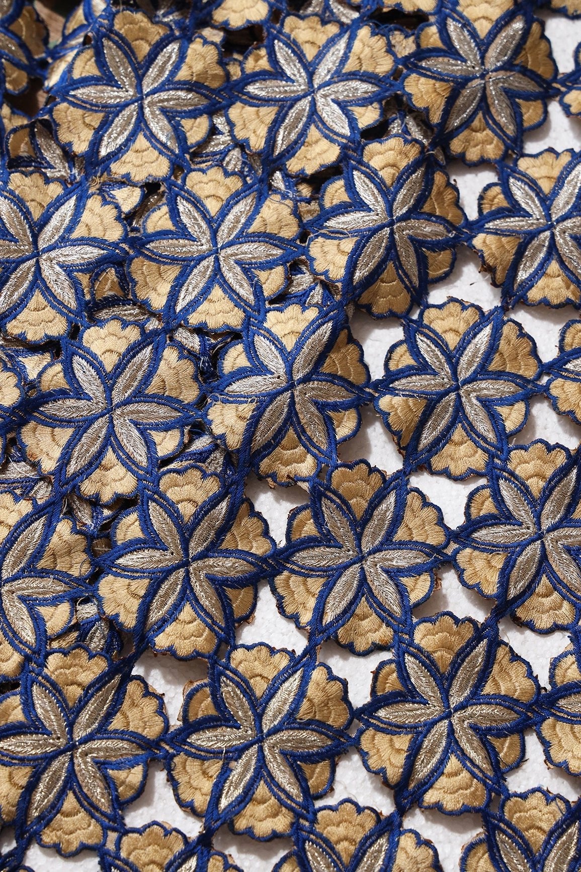 Cream And Blue Thread Floral Embroidery Royal Blue Cut Work Fabric - doeraa