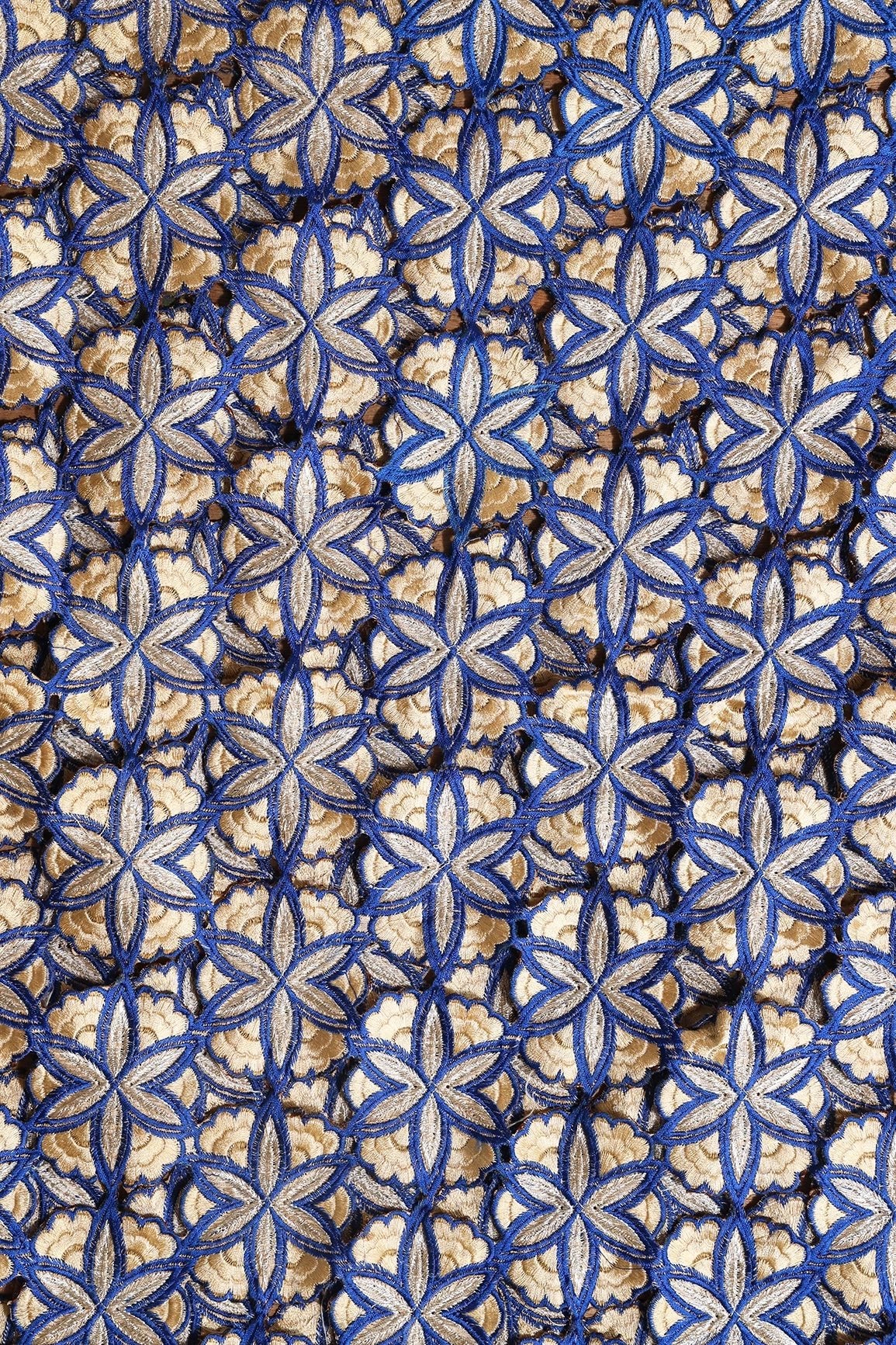 Cream And Blue Thread Floral Embroidery Royal Blue Cut Work Fabric - doeraa