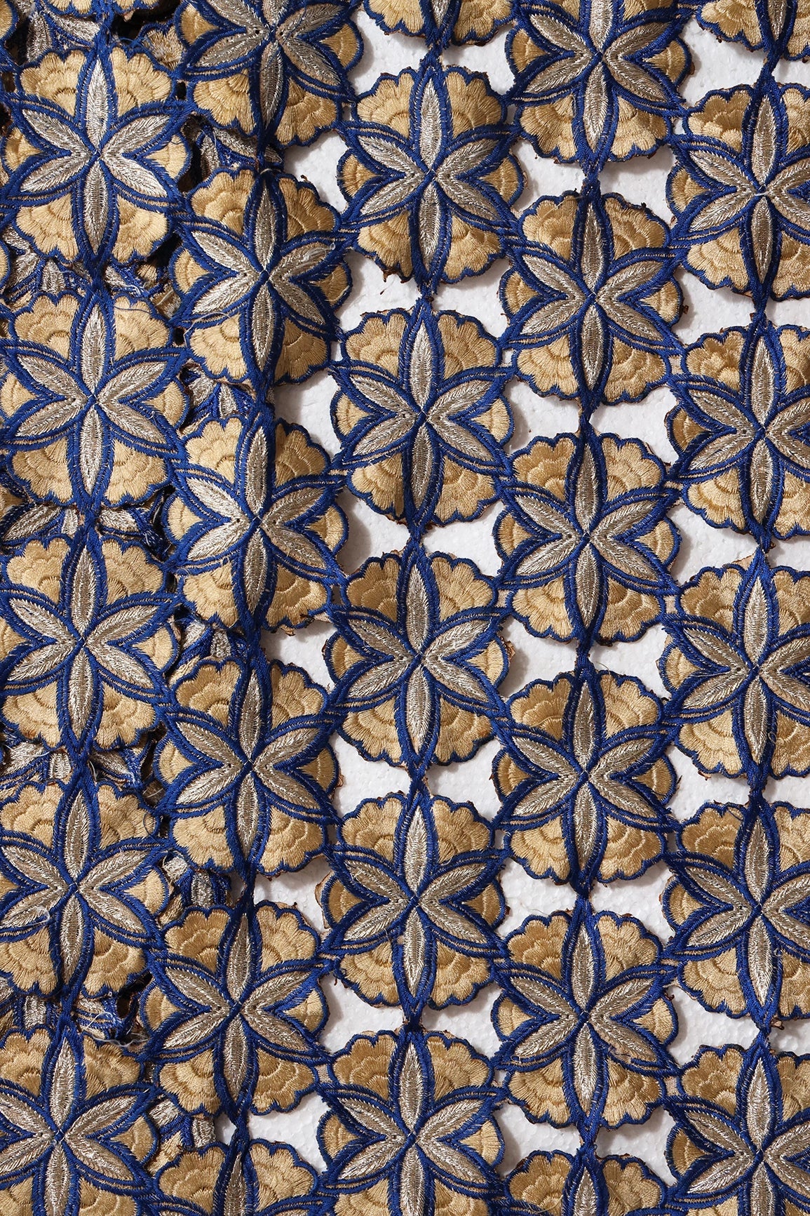 Cream And Blue Thread Floral Embroidery Royal Blue Cut Work Fabric - doeraa