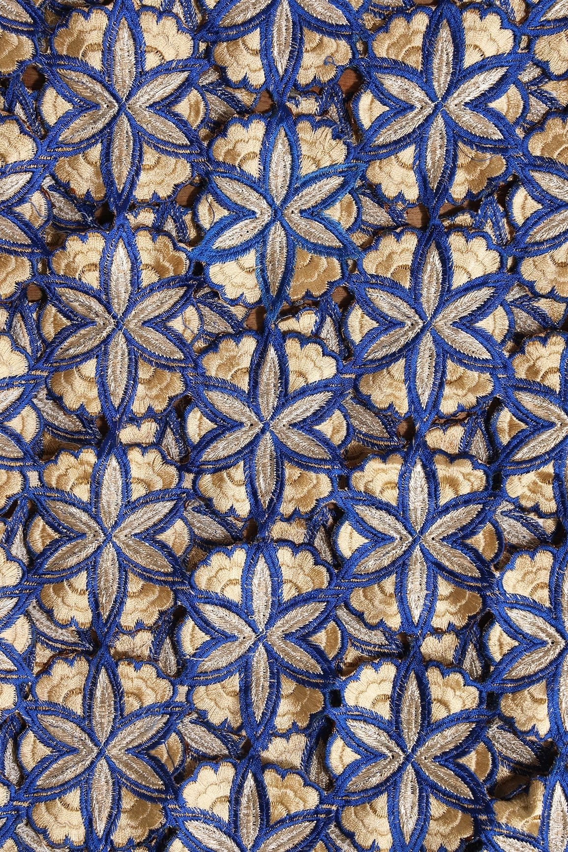 Cream And Blue Thread Floral Embroidery Royal Blue Cut Work Fabric - doeraa