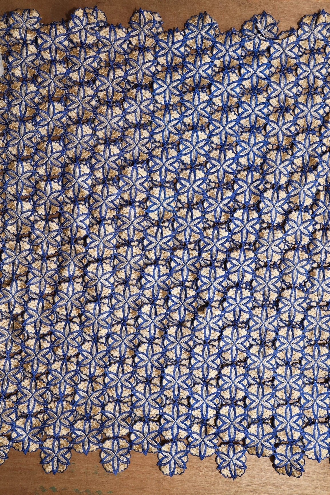 Cream And Blue Thread Floral Embroidery Royal Blue Cut Work Fabric - doeraa