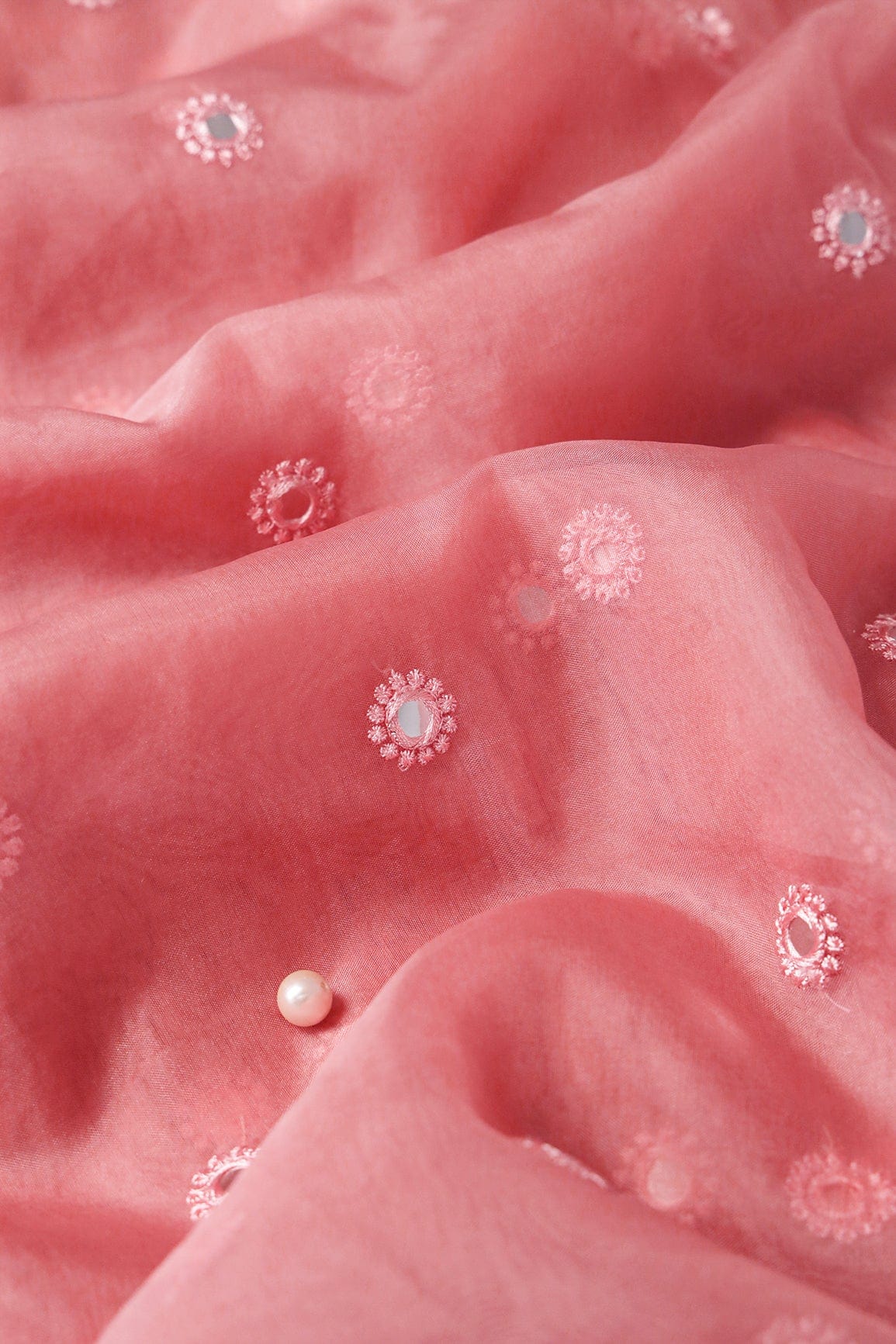 Cream And Coral Pink Unstitched Lehenga Set Fabric (3 Piece) - doeraa