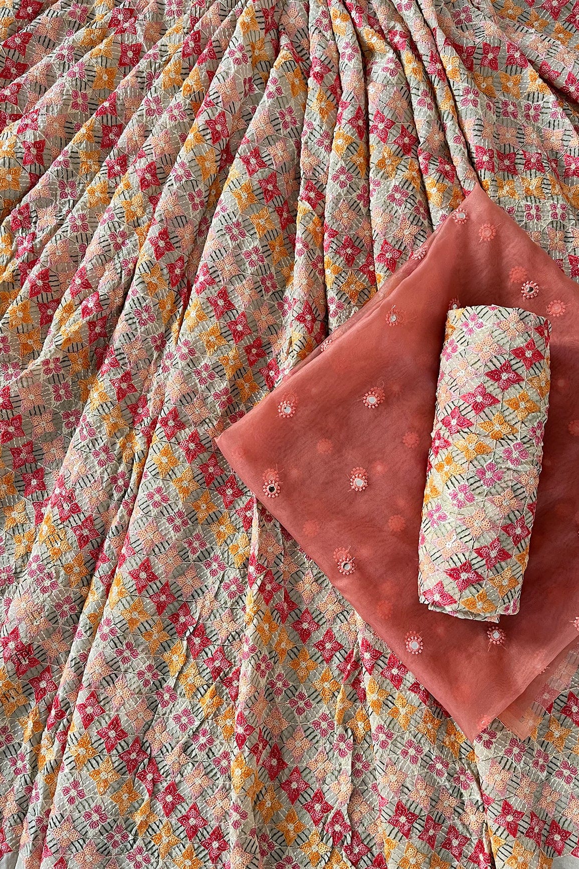 Cream And Coral Pink Unstitched Lehenga Set Fabric (3 Piece) - doeraa