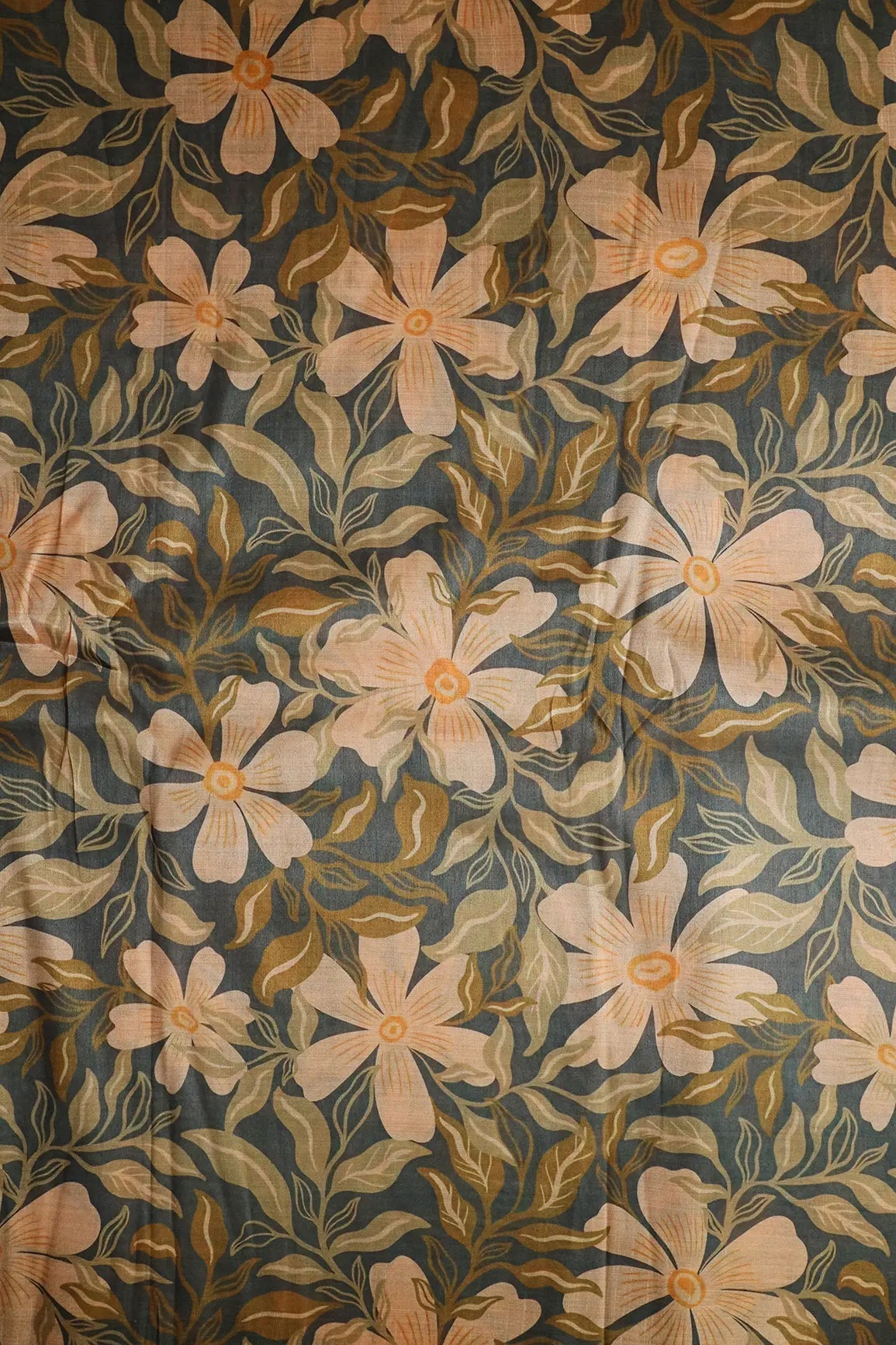 Cream And Dark Grey Floral Pattern Digital Print On Mulberry Silk Fabric - doeraa