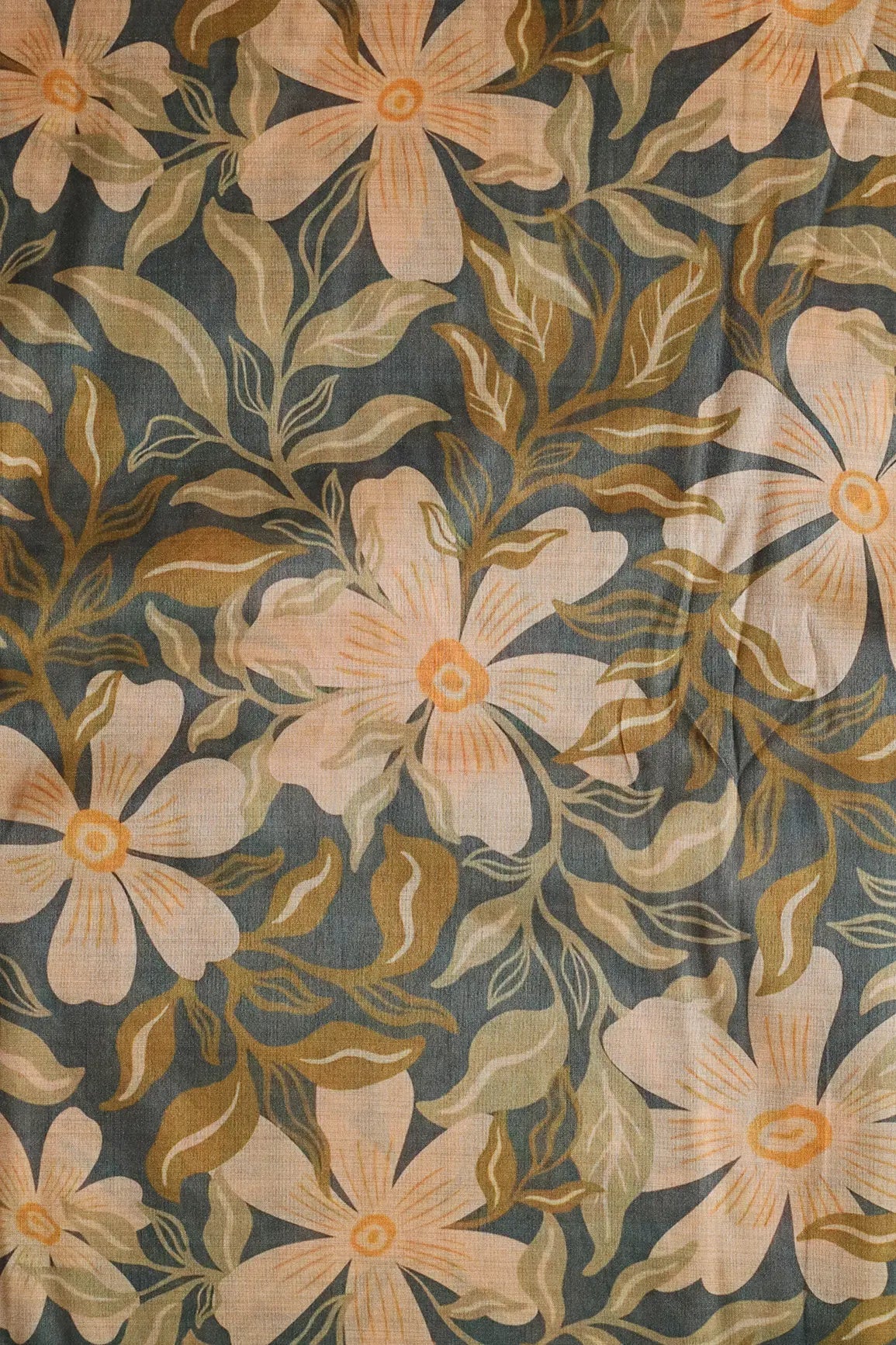 Cream And Dark Grey Floral Pattern Digital Print On Mulberry Silk Fabric - doeraa