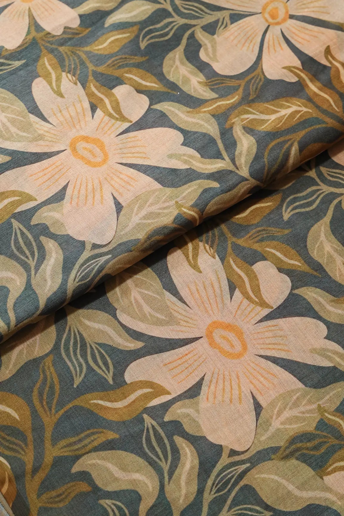 Cream And Dark Grey Floral Pattern Digital Print On Mulberry Silk Fabric - doeraa