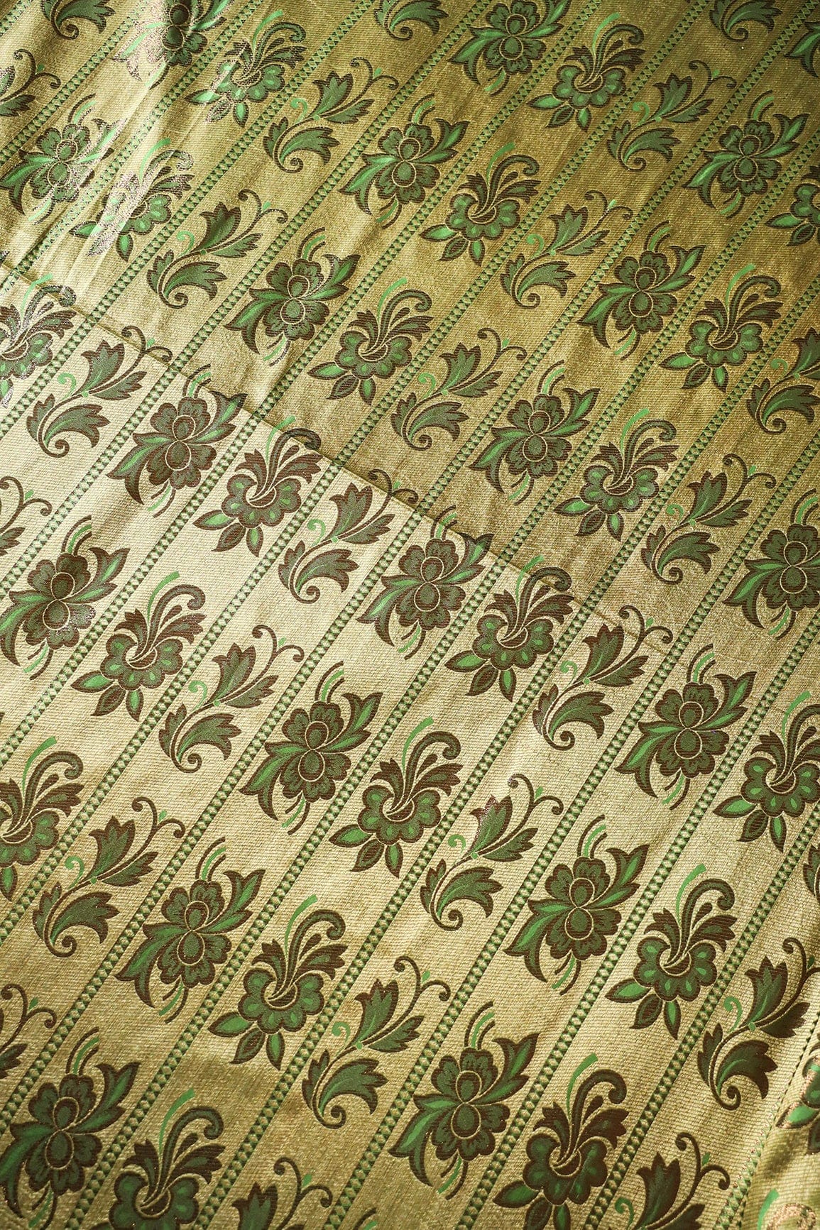 Cream And Green Floral Banarasi Zari Jacquard Fabric - doeraa