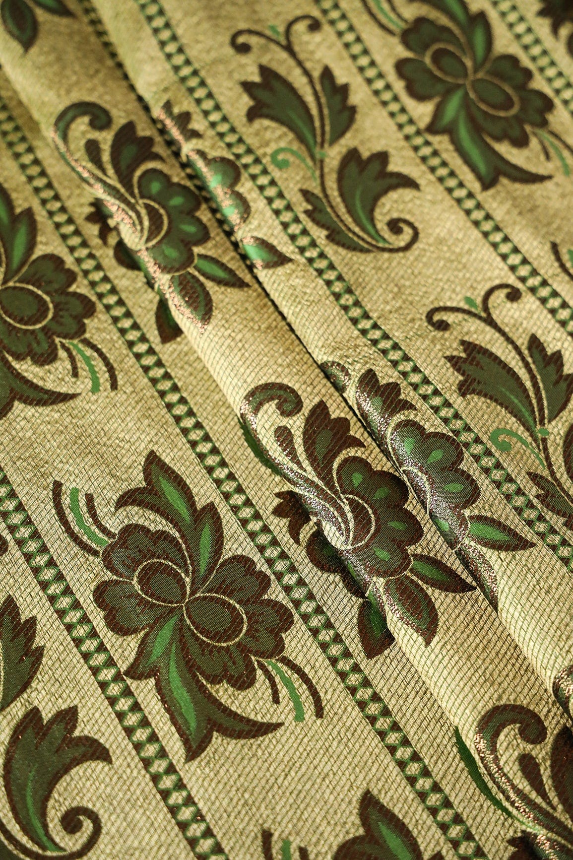 Cream And Green Floral Banarasi Zari Jacquard Fabric - doeraa