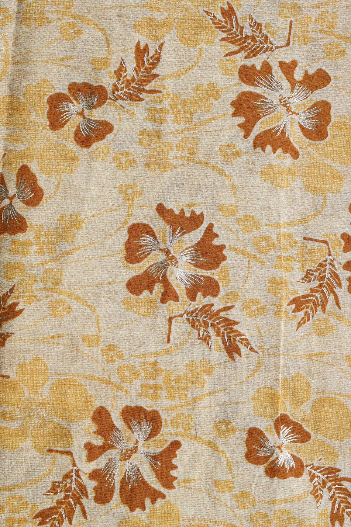 Cream And Light Brown Floral Foil Print On Viscose Chanderi Silk Fabric - doeraa