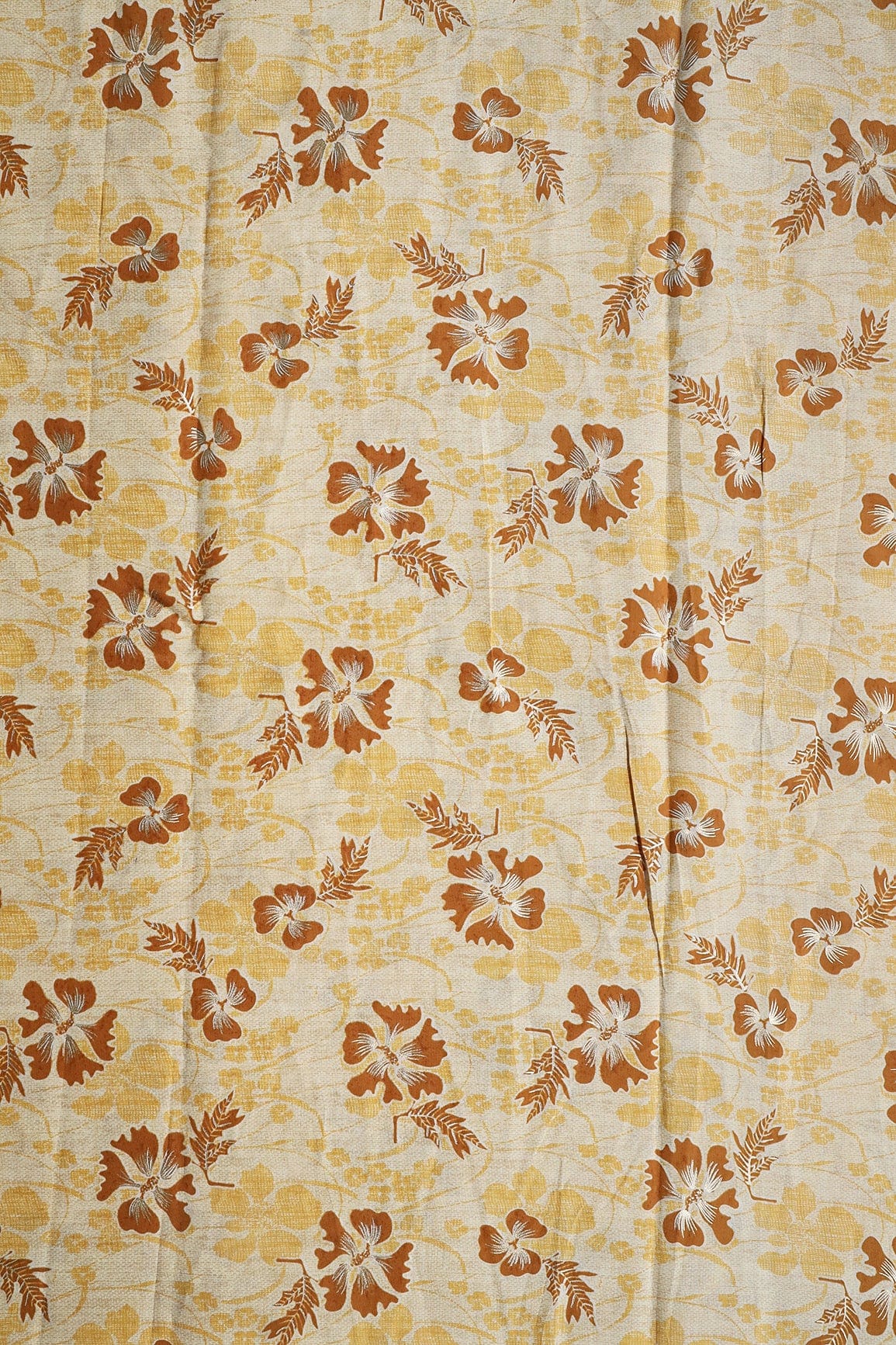 Cream And Light Brown Floral Foil Print On Viscose Chanderi Silk Fabric - doeraa