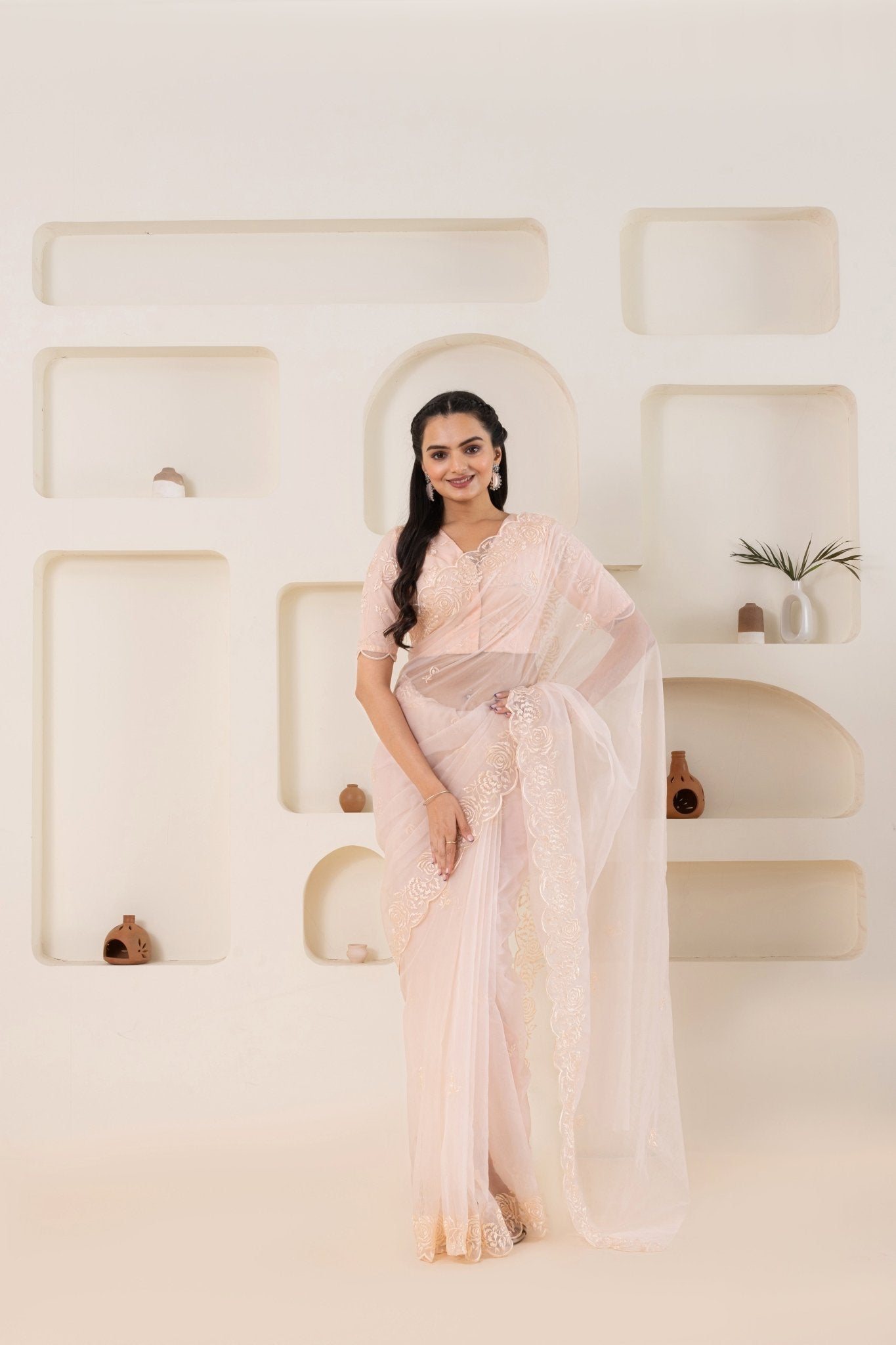 Cream Embroidery Saree Set (Saree With Blouse Piece) - doeraa