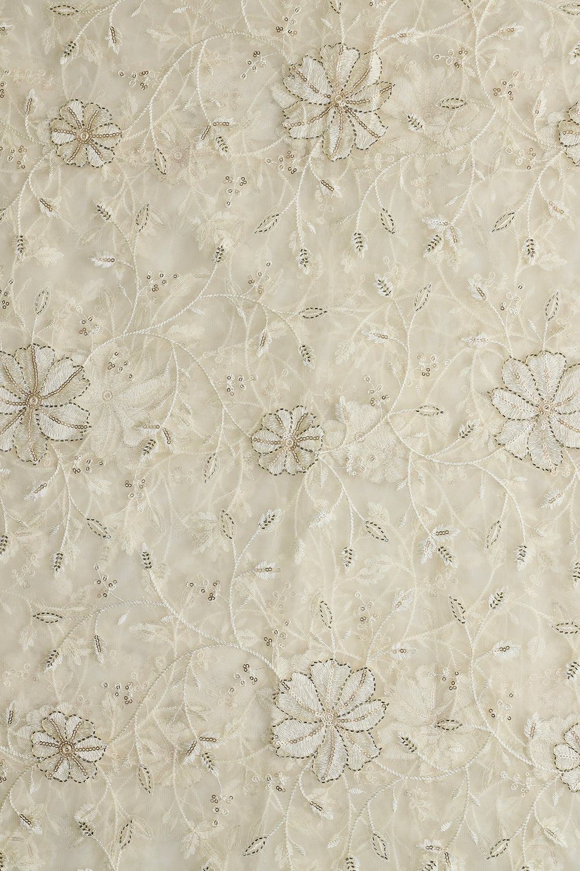 Cream Thread & Beads With Gold Sequins Floral Leafy Embroidery Work On Cream Soft Net Fabric - doeraa