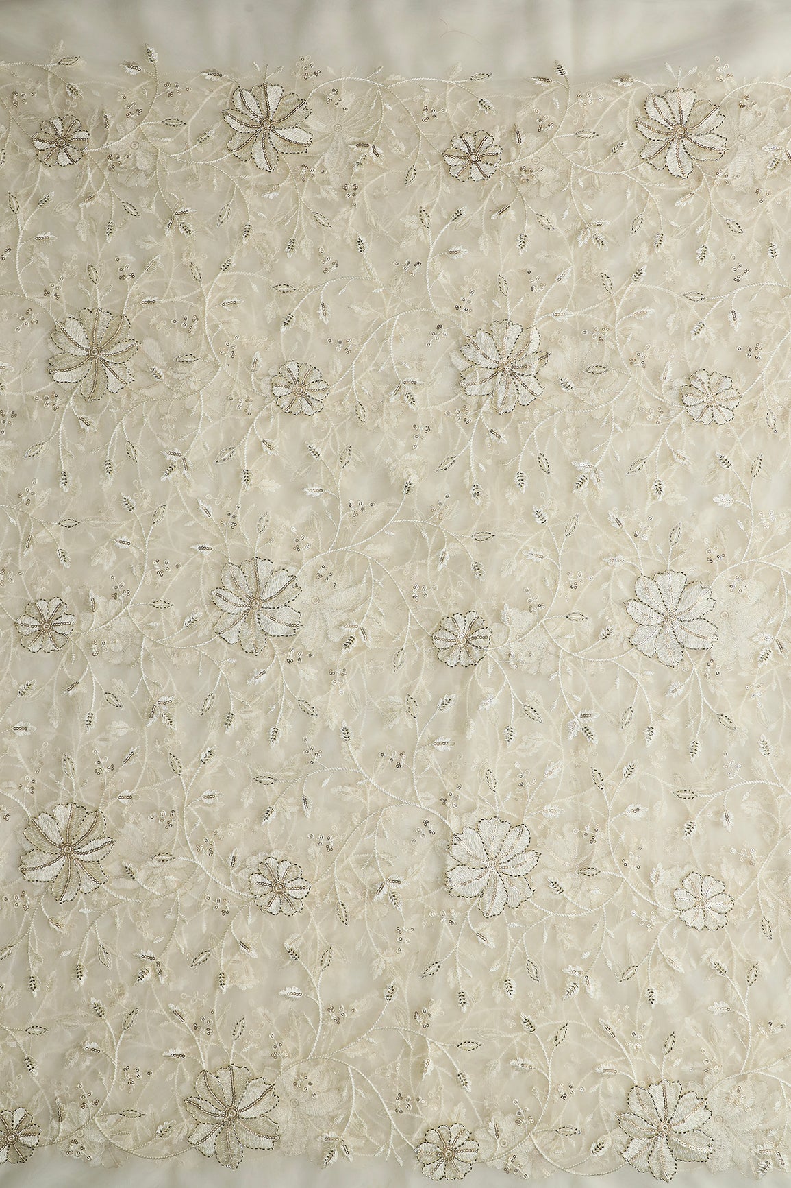 Cream Thread & Beads With Gold Sequins Floral Leafy Embroidery Work On Cream Soft Net Fabric - doeraa