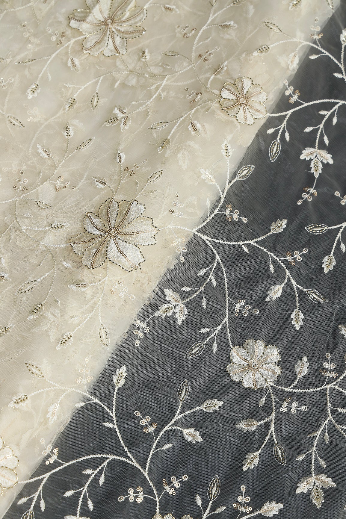 Cream Thread & Beads With Gold Sequins Floral Leafy Embroidery Work On Cream Soft Net Fabric - doeraa
