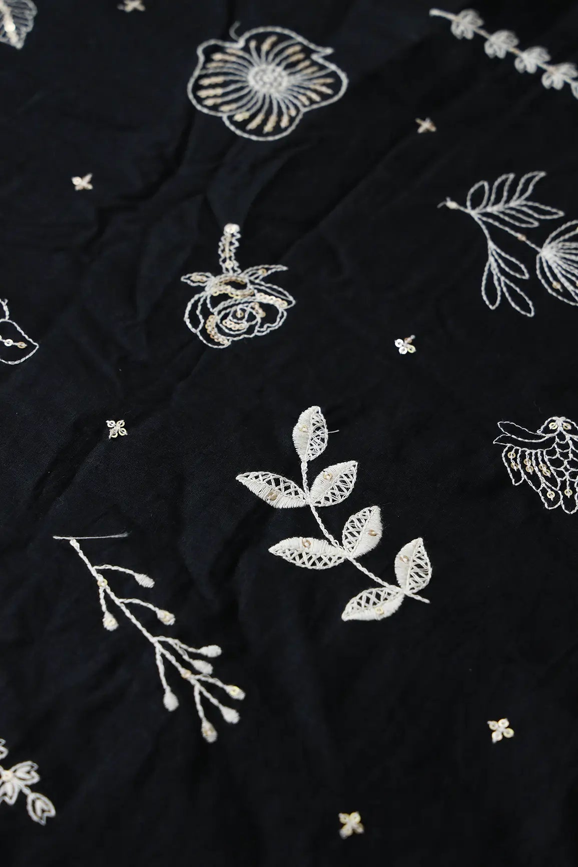 Cream Thread With Gold Sequins Floral Embroidery Work On Black Cotton Cambric Fabric - doeraa