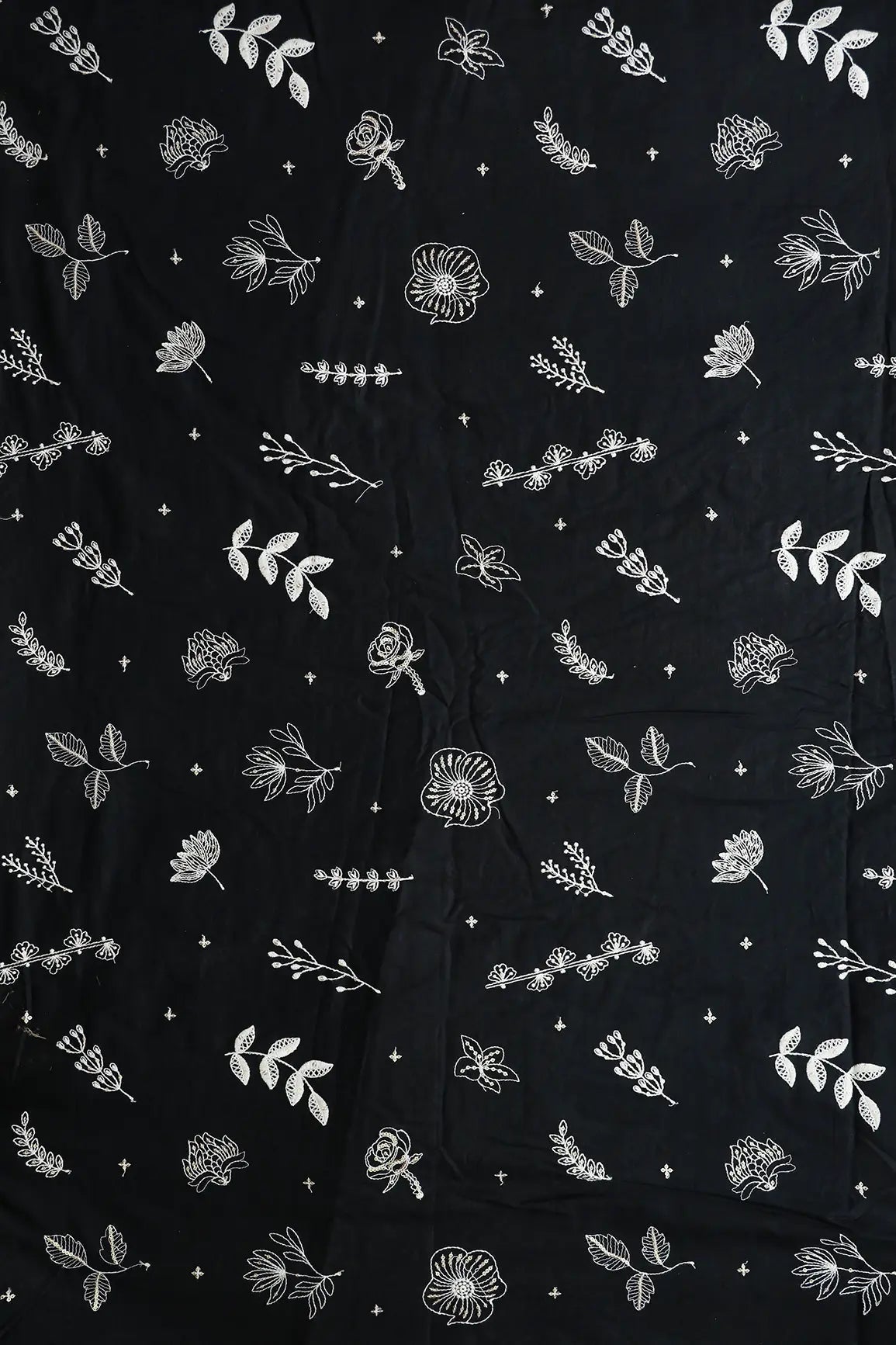 Cream Thread With Gold Sequins Floral Embroidery Work On Black Cotton Cambric Fabric - doeraa