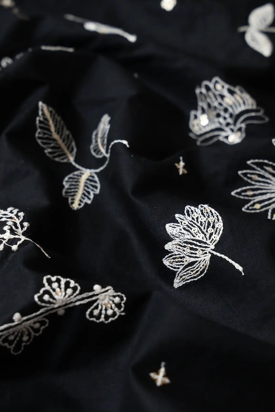 Cream Thread With Gold Sequins Floral Embroidery Work On Black Cotton Cambric Fabric - doeraa