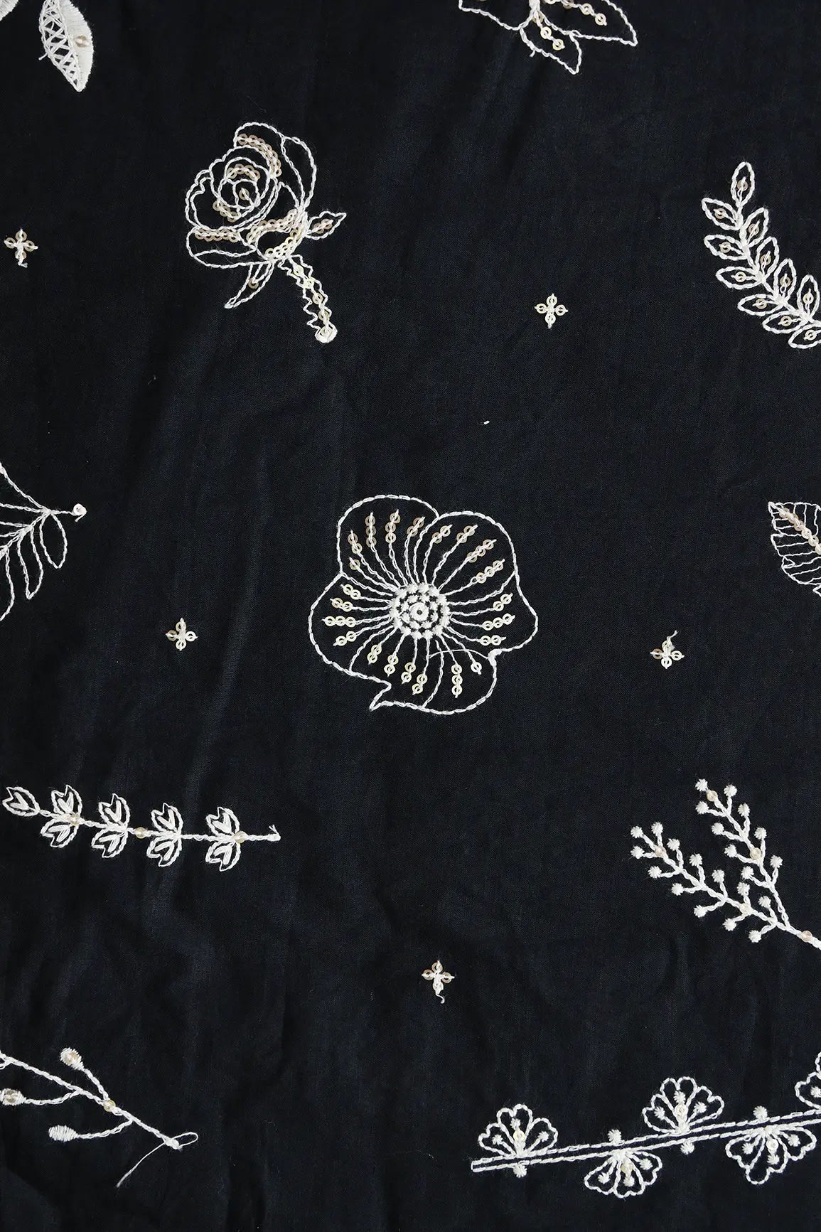 Cream Thread With Gold Sequins Floral Embroidery Work On Black Cotton Cambric Fabric - doeraa