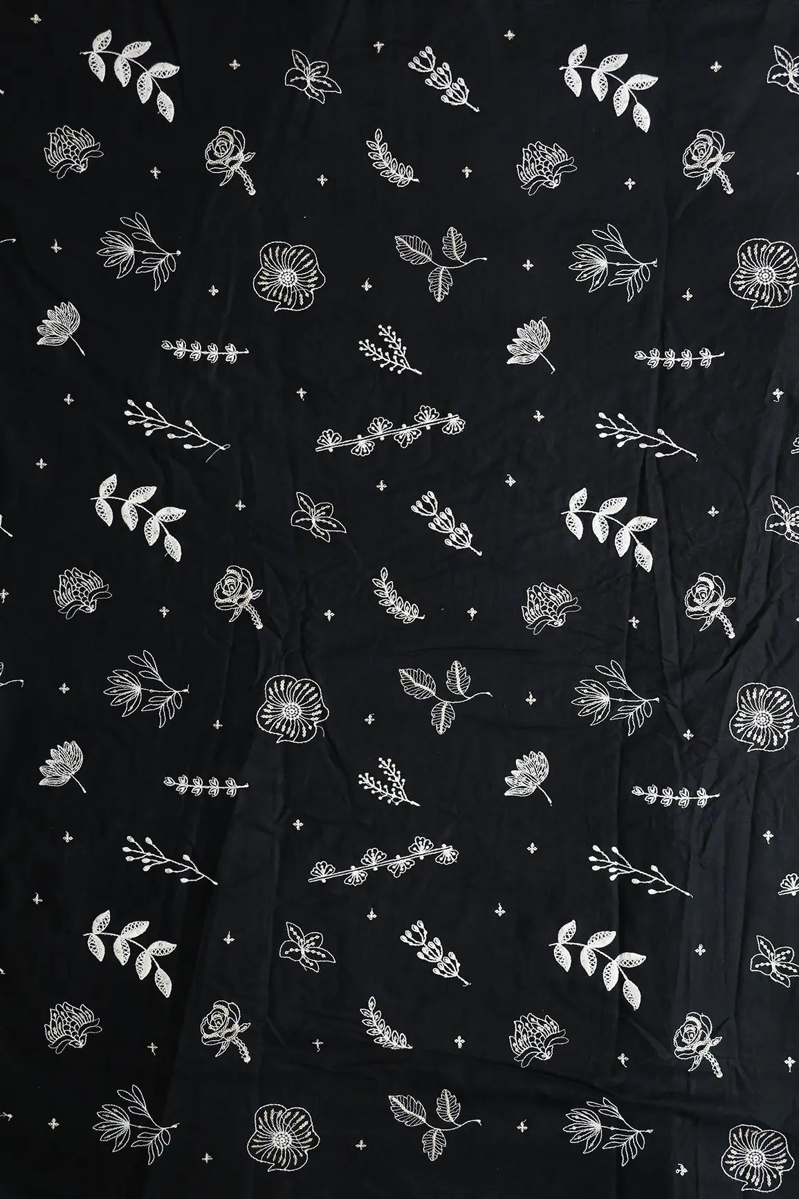 Cream Thread With Gold Sequins Floral Embroidery Work On Black Cotton Cambric Fabric - doeraa