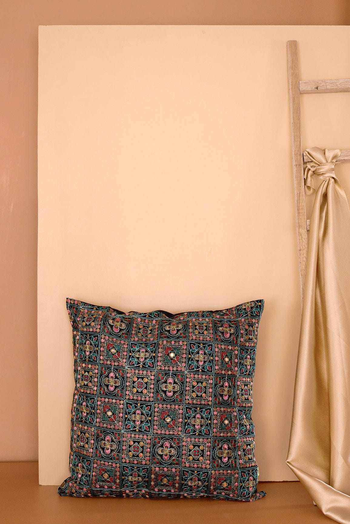 Cultural Multi - colour Embroidery on Black cotton Cushion Cover (16*16 inches) - doeraa