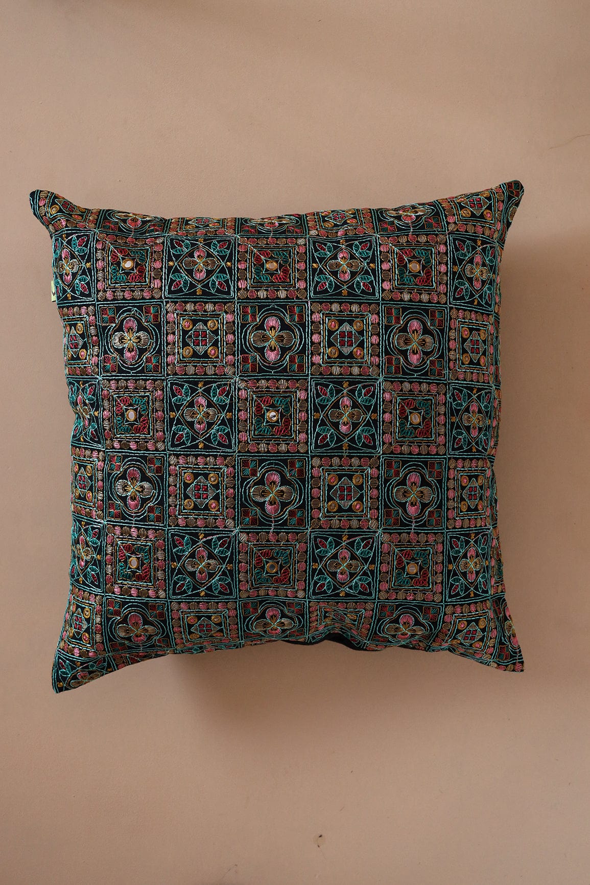 Cultural Multi-colour Embroidery on Black cotton Cushion Cover (16*16 inches) - doeraa