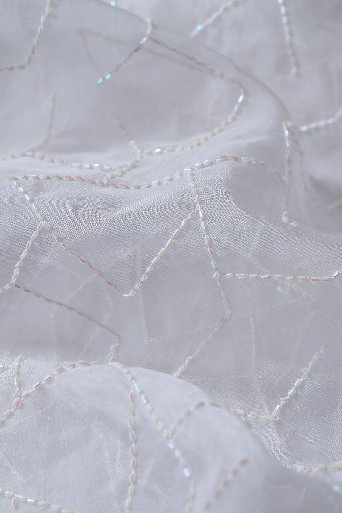 Cut Dana Beads Appealing Abstract Embroidery On White Dyeable Organza Fabric - doeraa