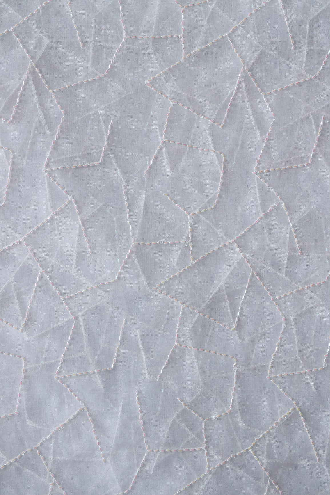 Cut Dana Beads Appealing Abstract Embroidery On White Dyeable Organza Fabric - doeraa