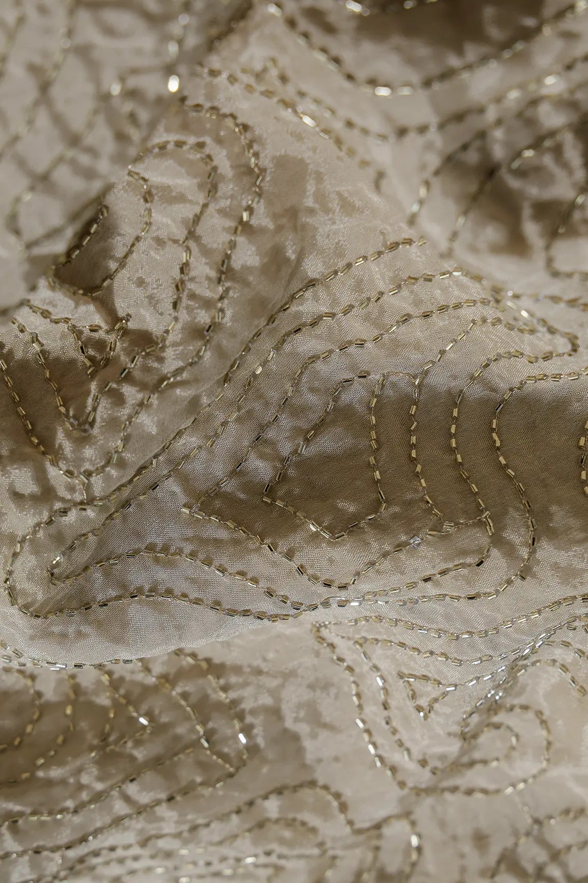 Cut Dana Beads Appealing Abstract Embroidery Work On Beige Chinnon Chiffon Fabric - doeraa