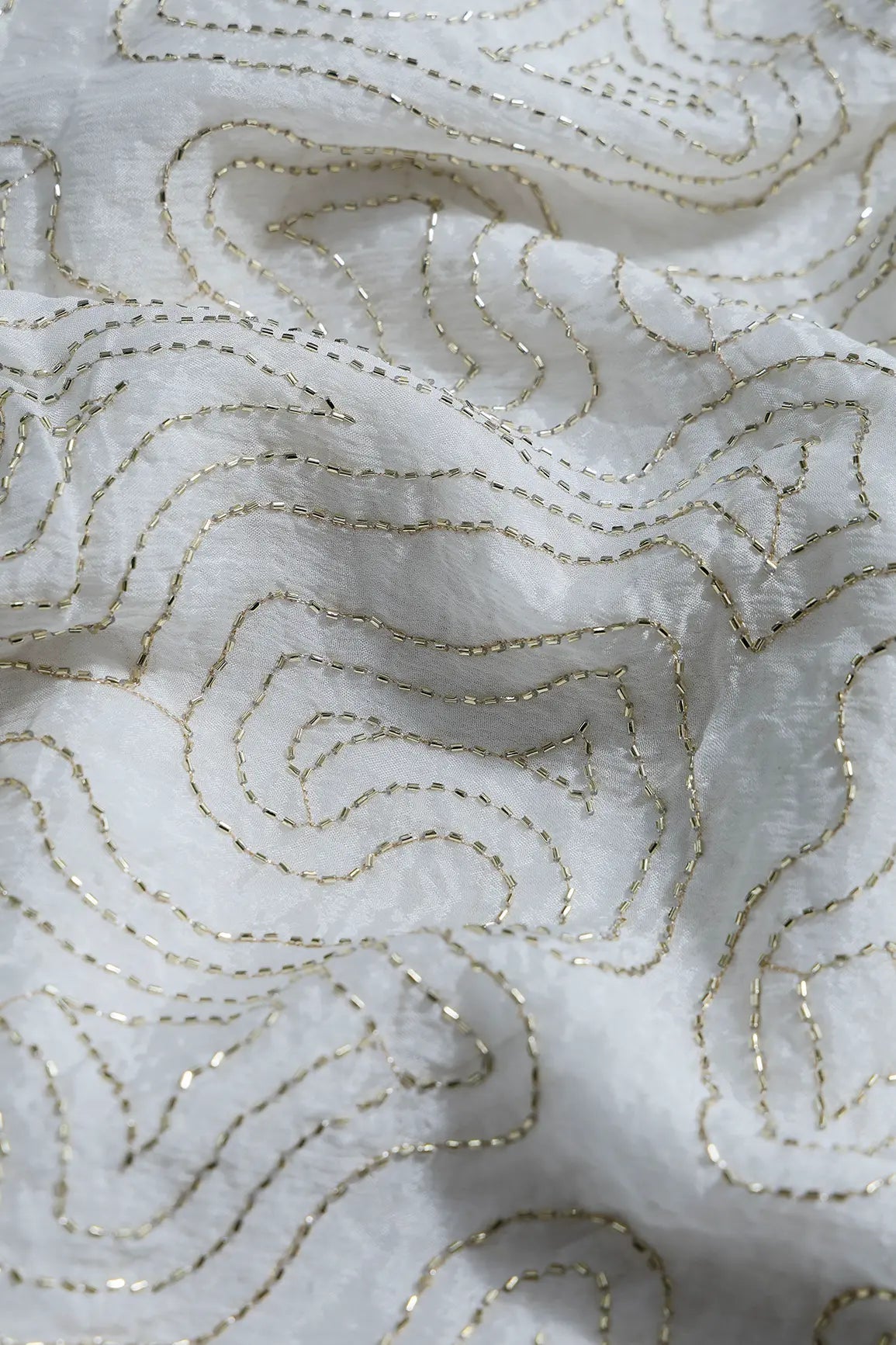 Cut Dana Beads Appealing Abstract Embroidery Work On Dyeable White Chinnon Chiffon Fabric - doeraa
