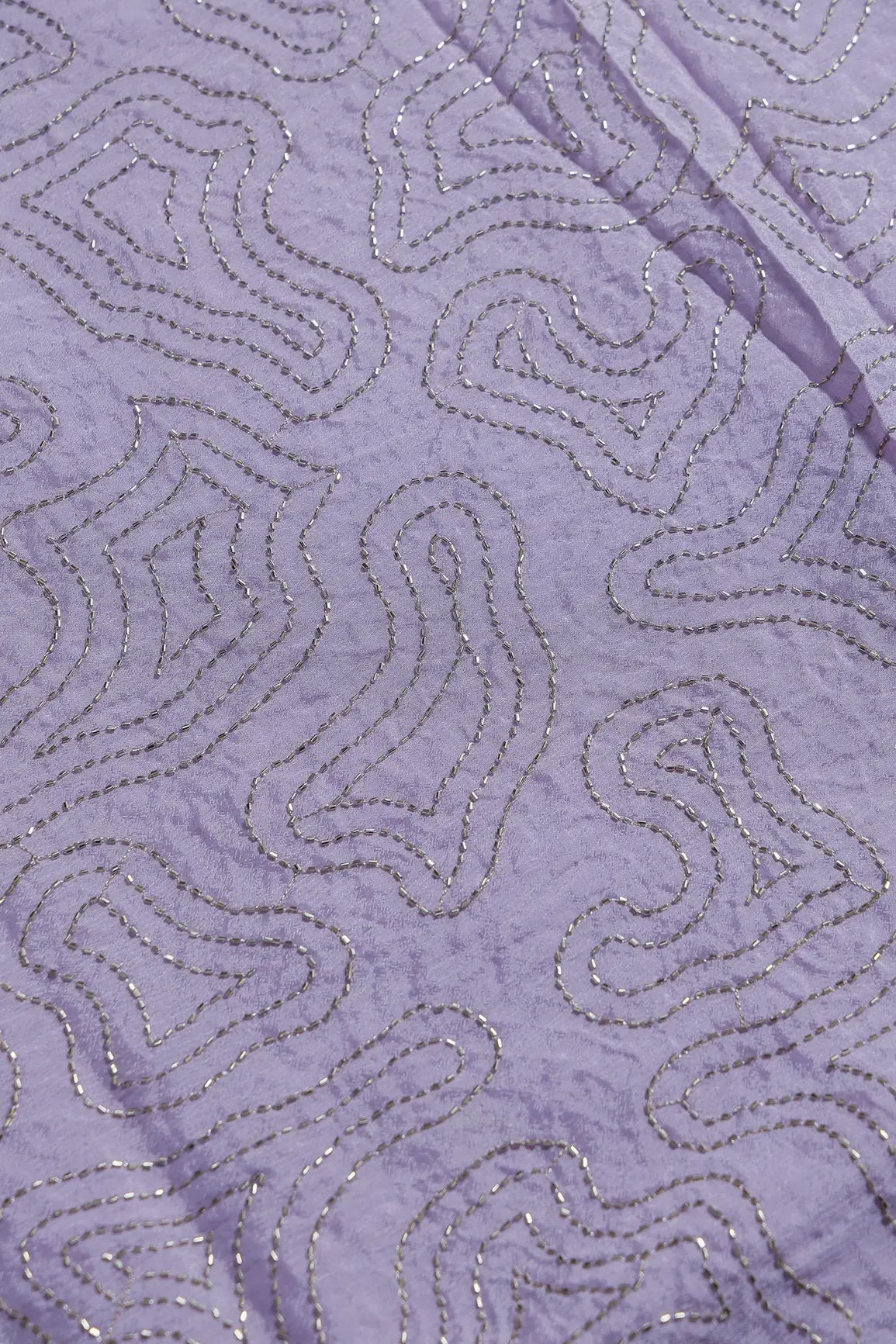 Cut Dana Beads Appealing Abstract Embroidery Work On Lavender Chinnon Chiffon Fabric - doeraa
