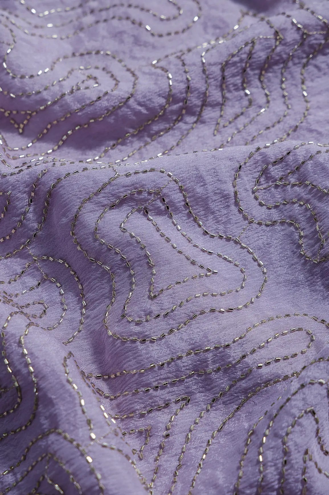 Cut Dana Beads Appealing Abstract Embroidery Work On Lavender Chinnon Chiffon Fabric - doeraa