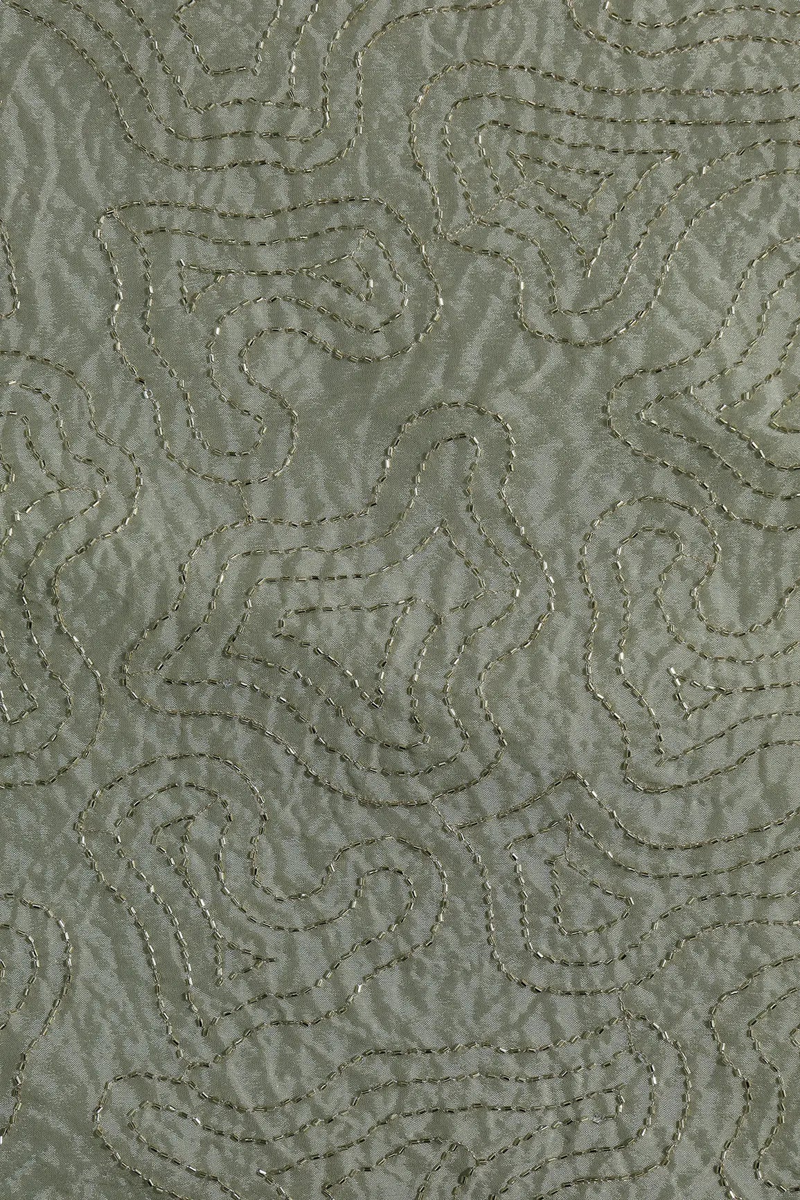 Cut Dana Beads Appealing Abstract Embroidery Work On Olive Chinnon Chiffon Fabric - doeraa