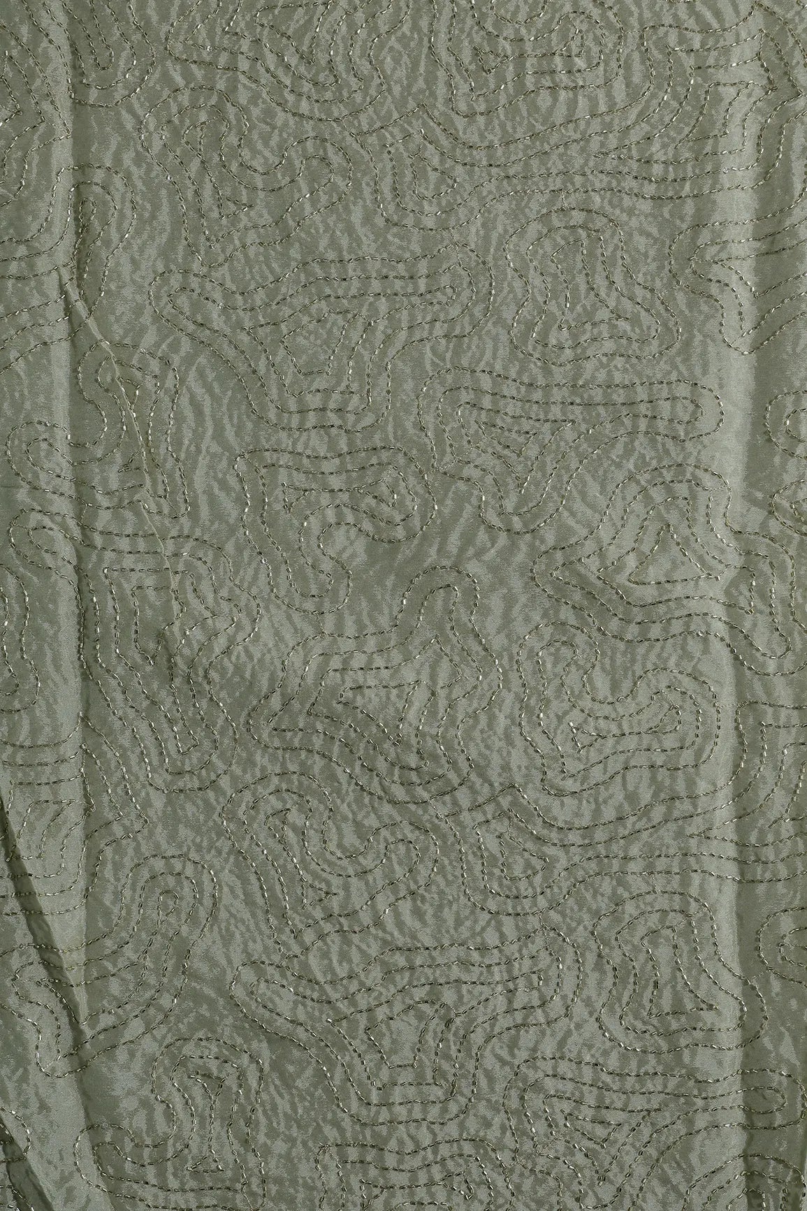 Cut Dana Beads Appealing Abstract Embroidery Work On Olive Chinnon Chiffon Fabric - doeraa