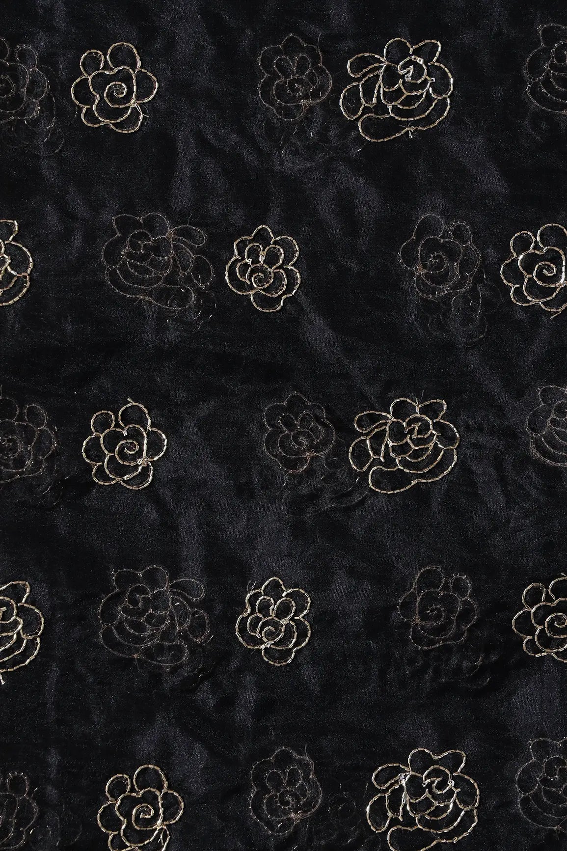 Cut Dana Beads Beautiful Floral Embroidery On Black Organza Fabric - doeraa