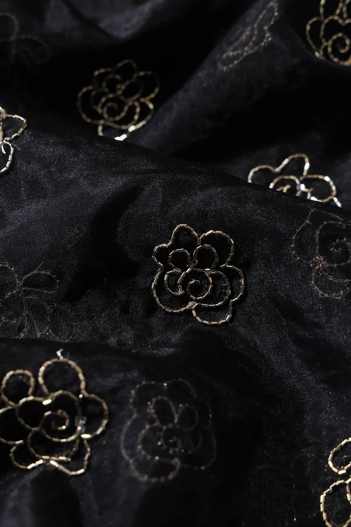 Cut Dana Beads Beautiful Floral Embroidery On Black Organza Fabric - doeraa