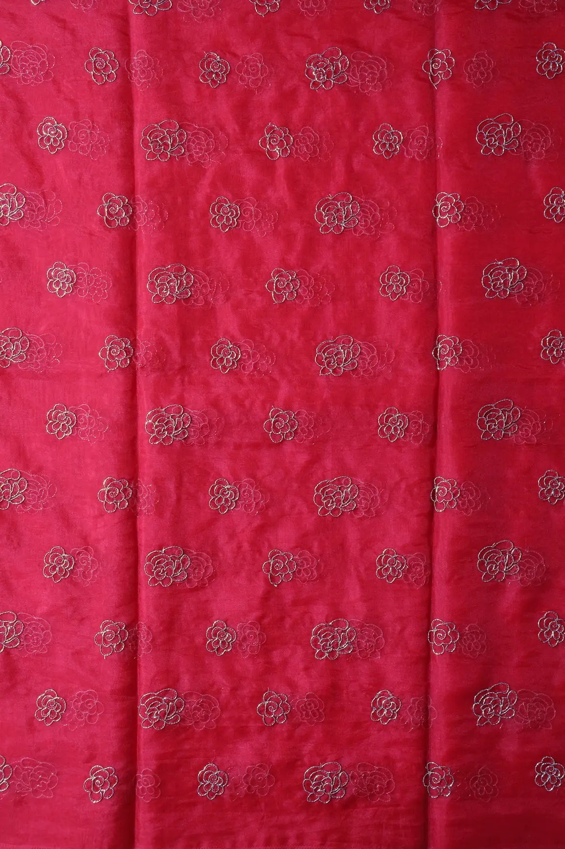 Cut Dana Beads Beautiful Floral Embroidery On Red Organza Fabric - doeraa