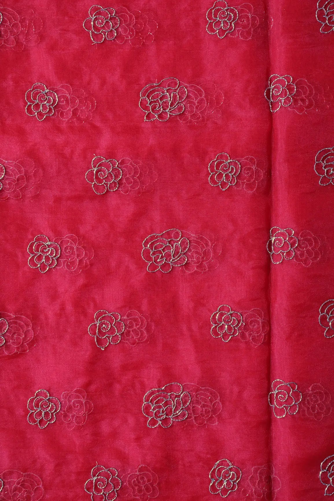Cut Dana Beads Beautiful Floral Embroidery On Red Organza Fabric - doeraa