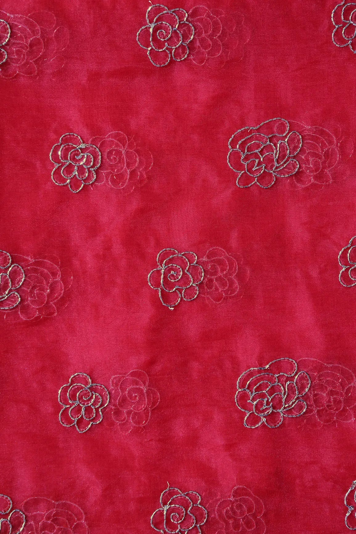 Cut Dana Beads Beautiful Floral Embroidery On Red Organza Fabric - doeraa