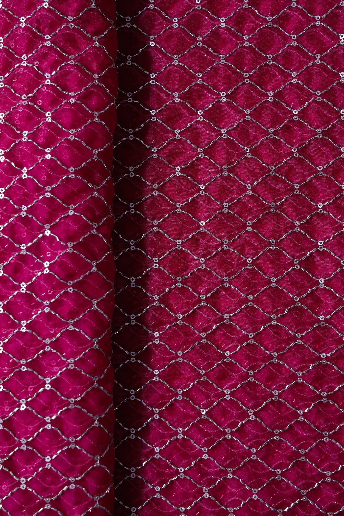 Cut Dana Beads Beautiful Ogee Embroidery On Fuchsia Organza Fabric - doeraa