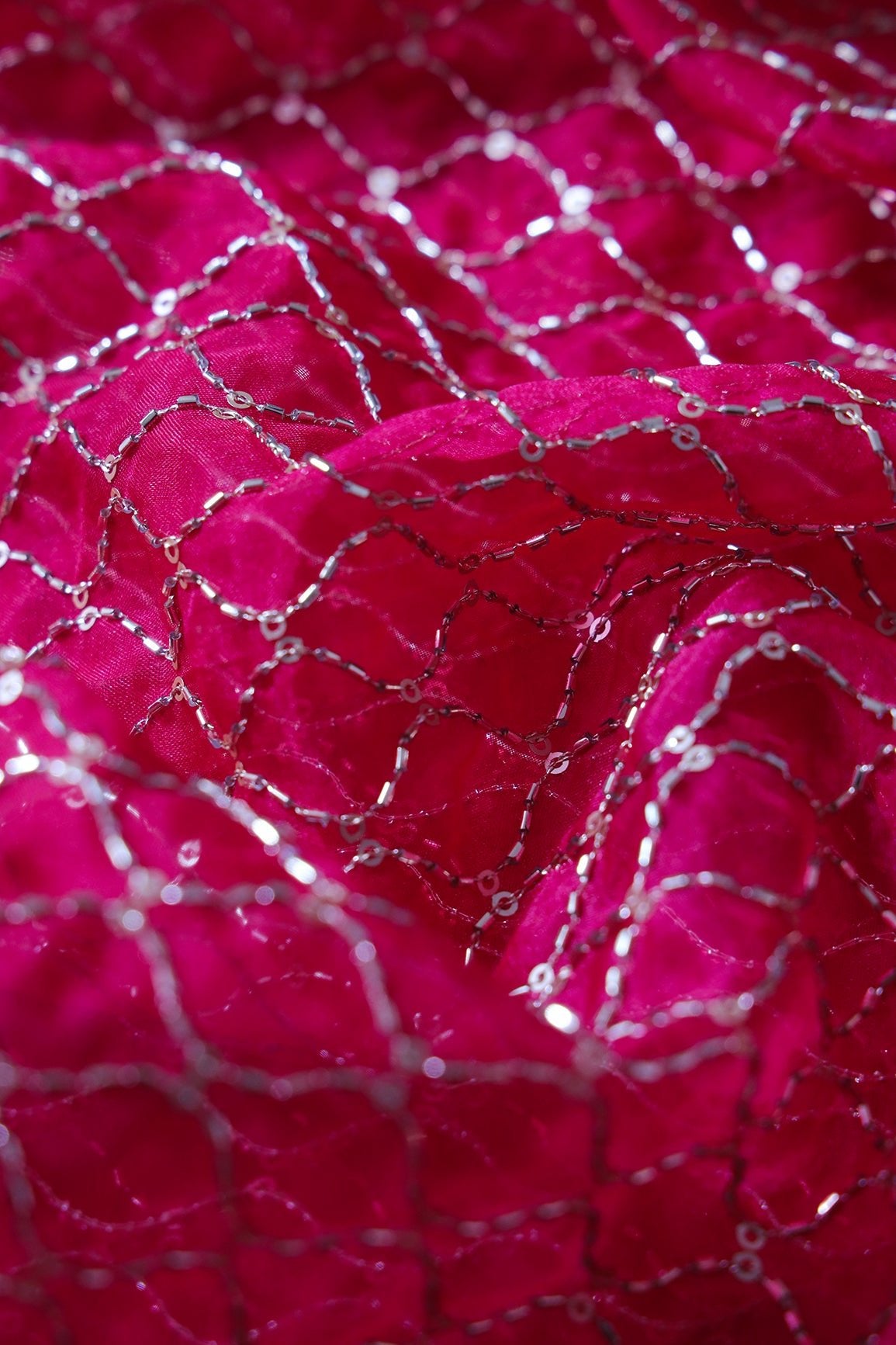 Cut Dana Beads Beautiful Ogee Embroidery On Fuchsia Organza Fabric - doeraa