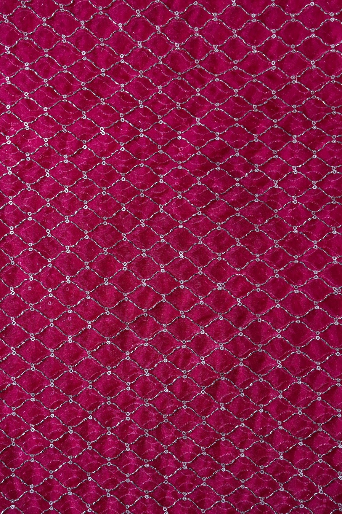 Cut Dana Beads Beautiful Ogee Embroidery On Fuchsia Organza Fabric - doeraa