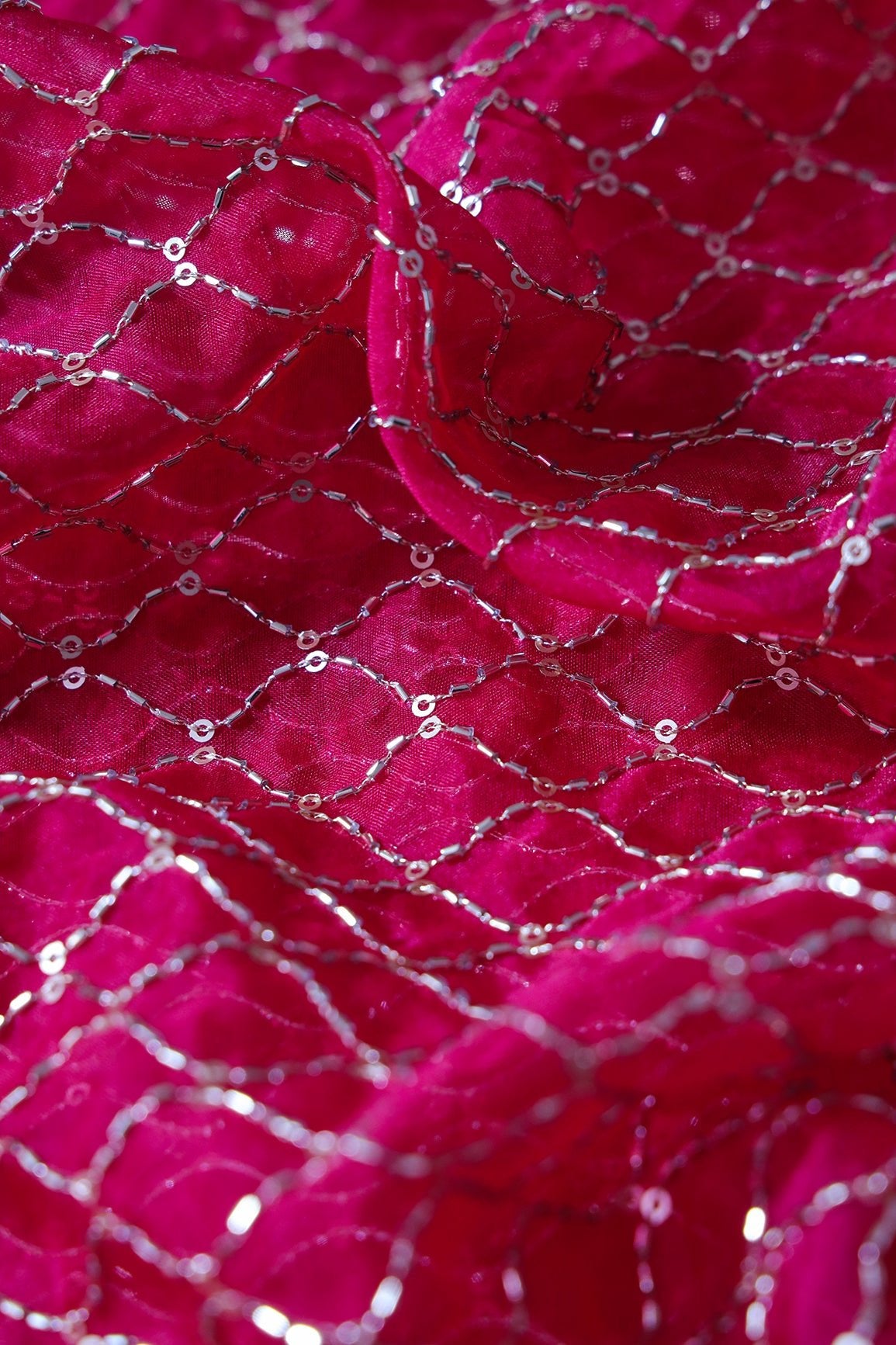 Cut Dana Beads Beautiful Ogee Embroidery On Fuchsia Organza Fabric - doeraa