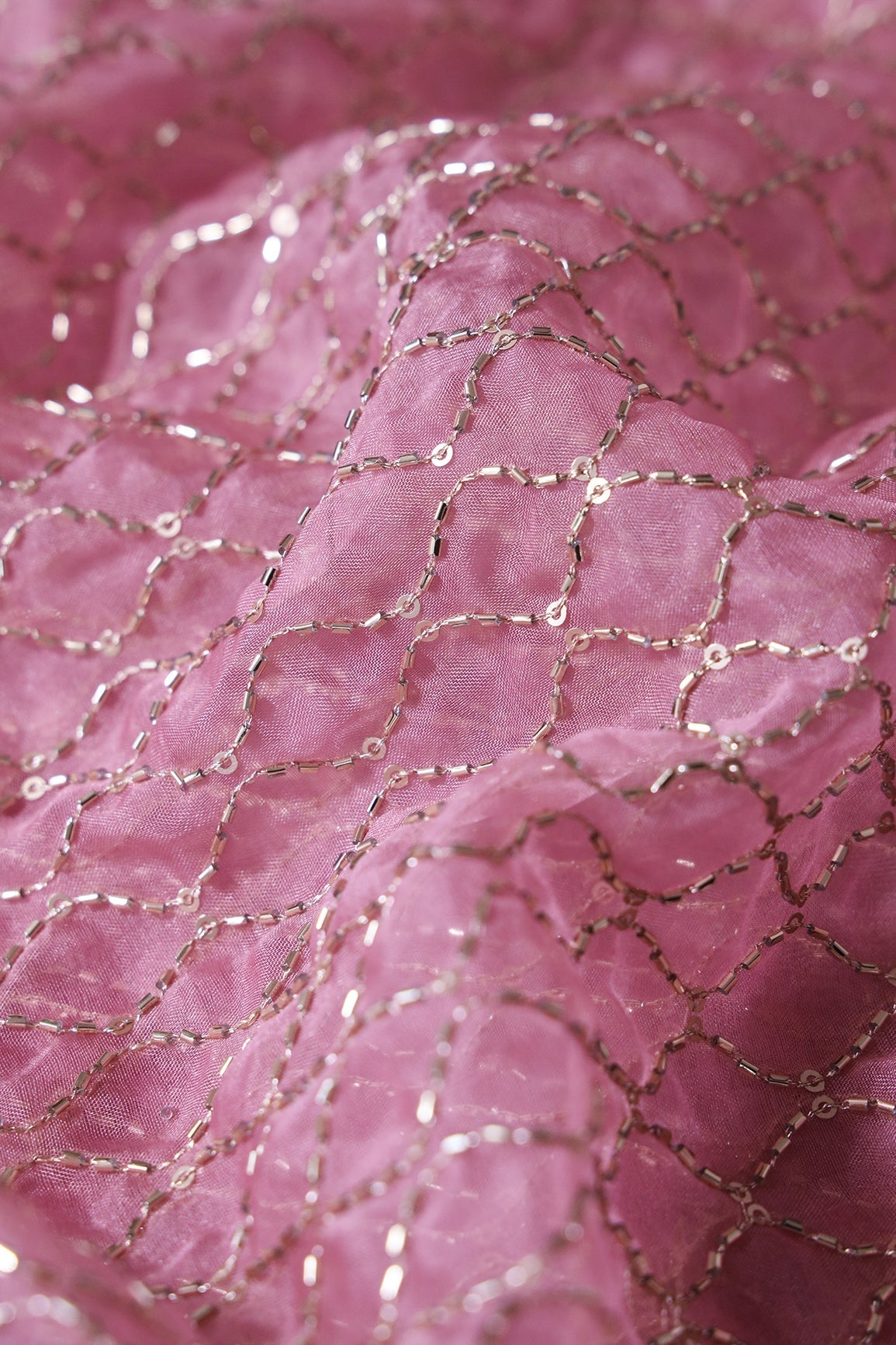 Cut Dana Beads Beautiful Ogee Embroidery On Gajri Pink Organza Fabric - doeraa