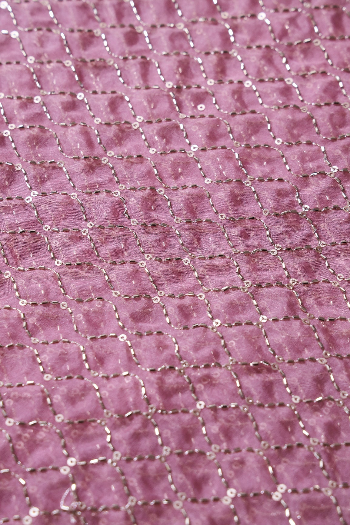 Cut Dana Beads Beautiful Ogee Embroidery On Gajri Pink Organza Fabric - doeraa