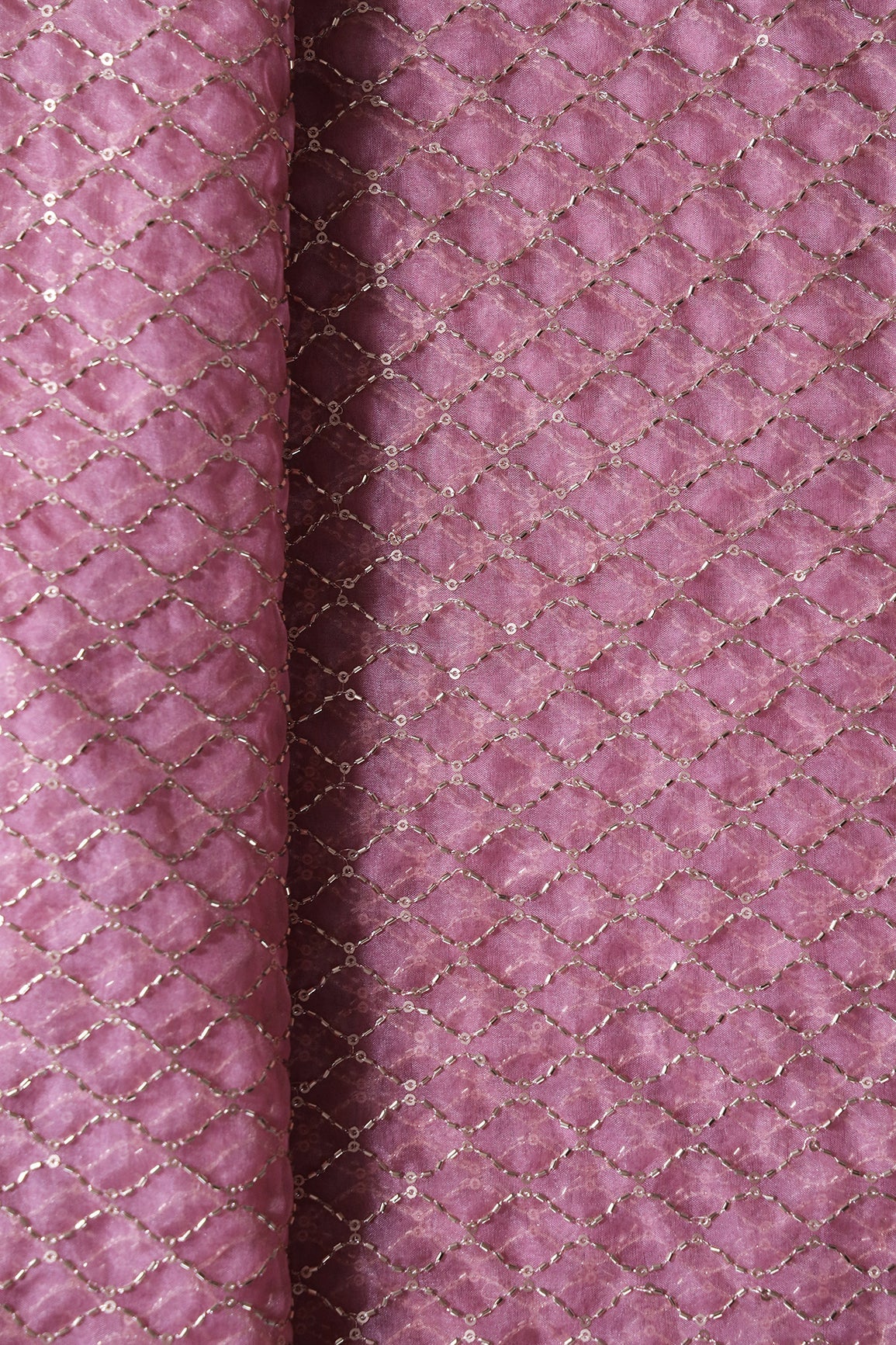Cut Dana Beads Beautiful Ogee Embroidery On Gajri Pink Organza Fabric - doeraa