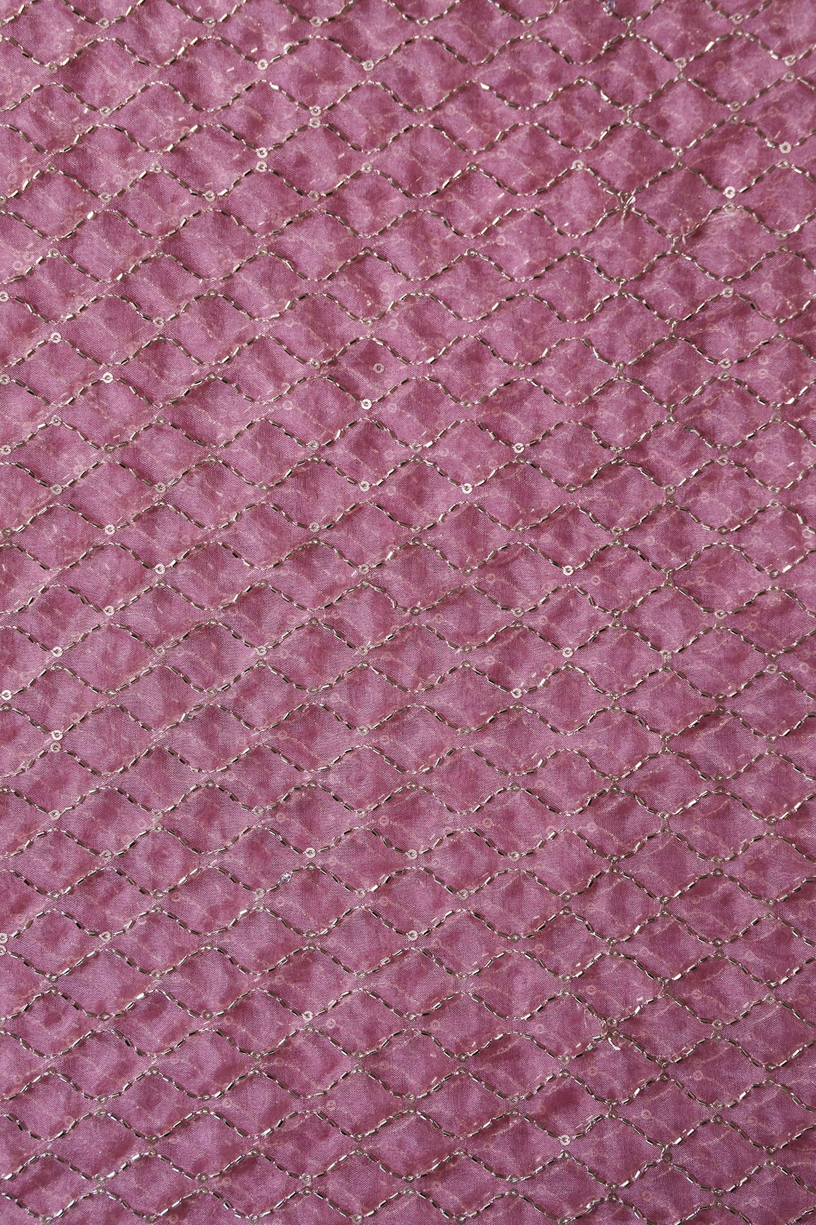 Cut Dana Beads Beautiful Ogee Embroidery On Gajri Pink Organza Fabric - doeraa