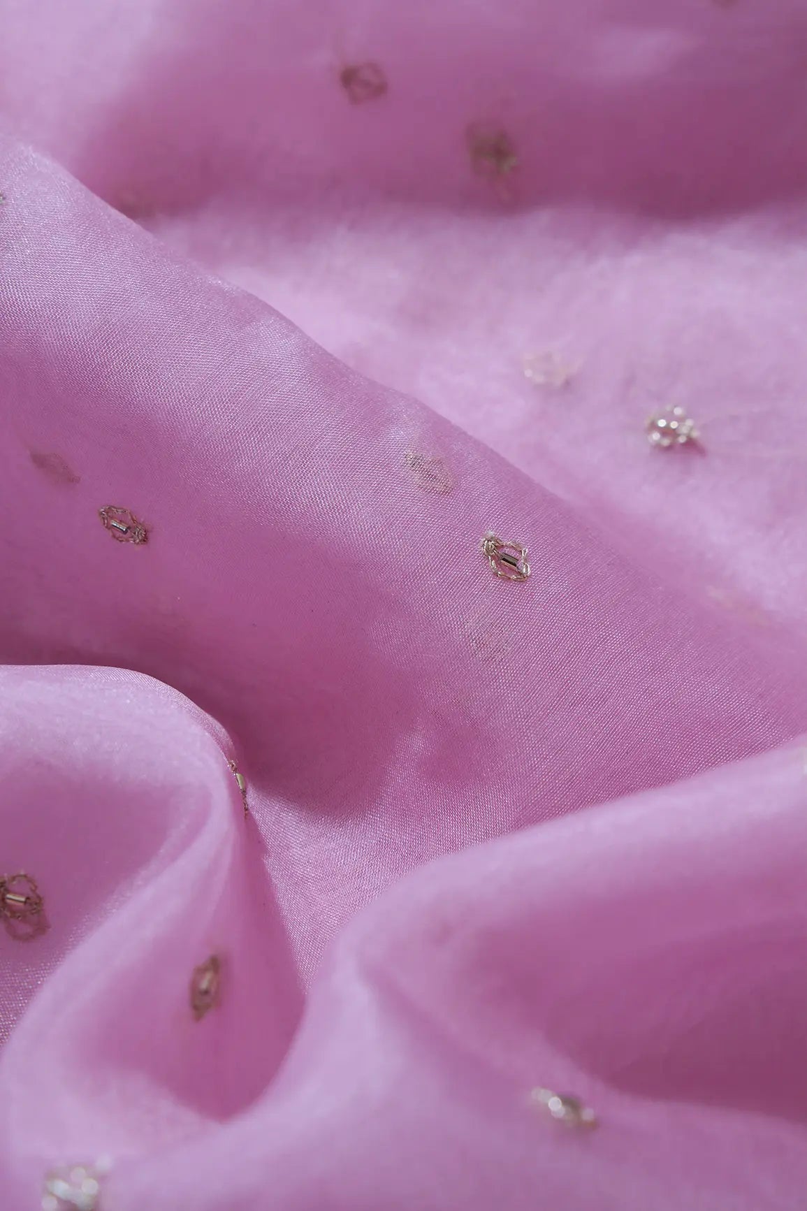 Cut Dana Beads With Zari Small Motif Embroidery On Pink Organza Fabric - doeraa